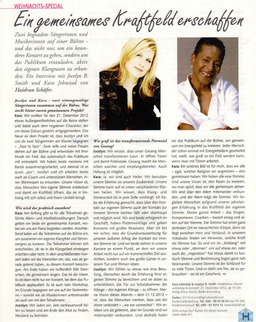 Ein gemeinsames Kraftfeld erschaffen: Interview von Haidrun Schäfer mit den Sängerinnen Jocelyn B. Smith und Kara Johnstad  im SEIN Magazin